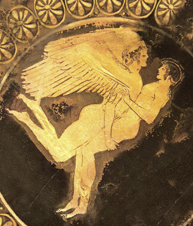 Зефир и Гиацинт. Последний был героем гомосексуалов Спарты. Краснофигурный кубок из Тарквинии, гр. 490 г. до н.э.